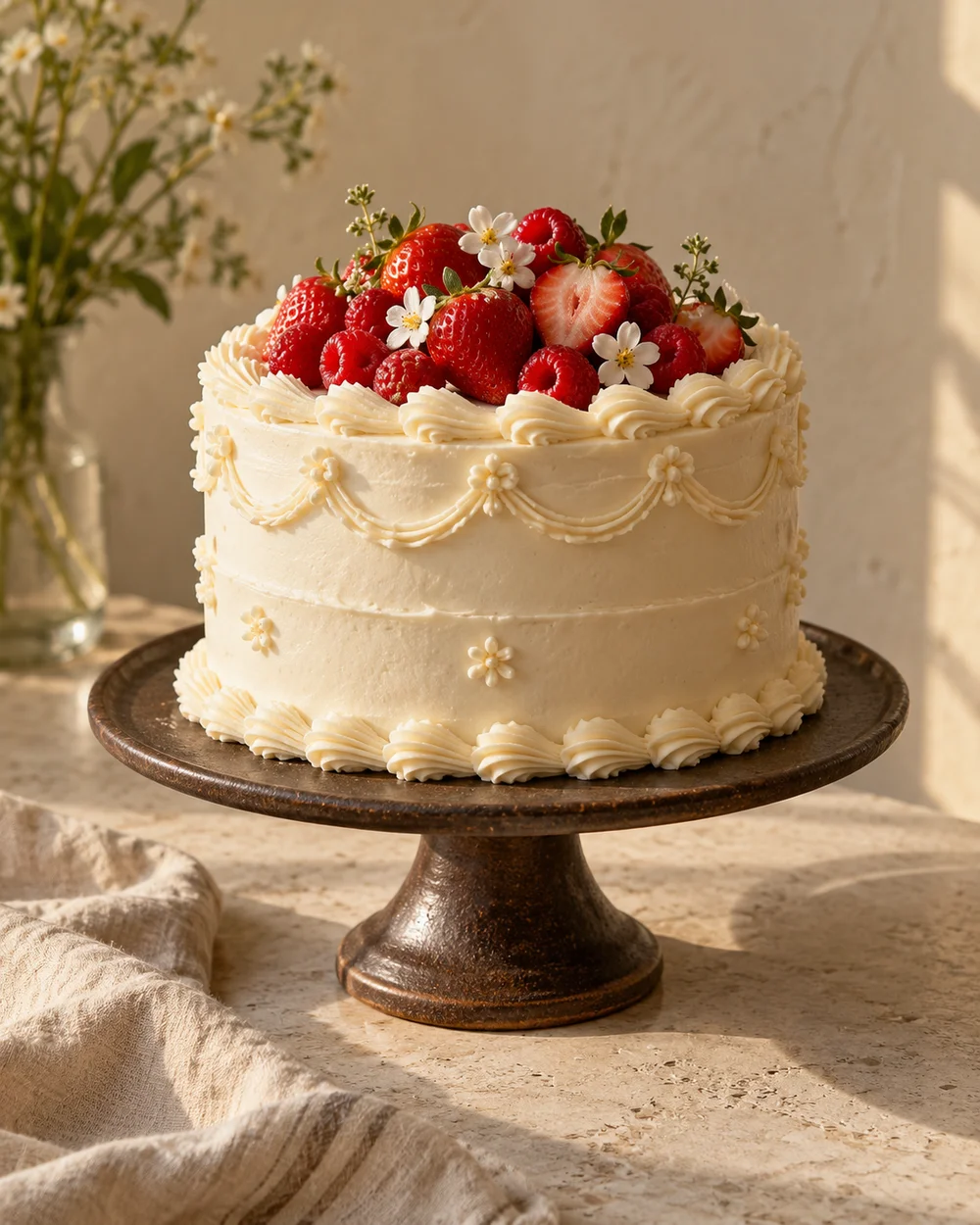 Handcrafted ivory buttercream cake decorated with fresh berries and delicate flowers